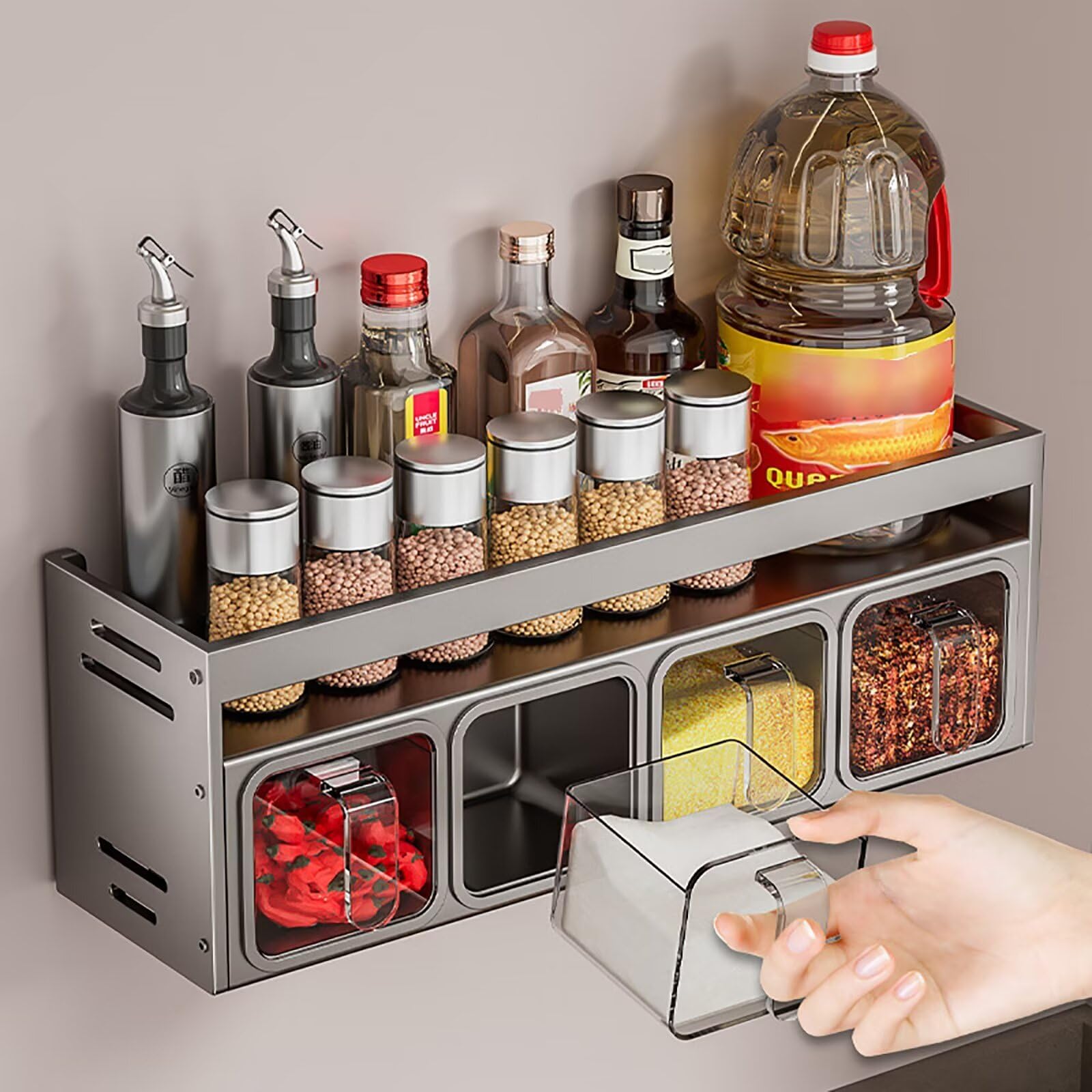 Edumov Spice Rack with Spice Jars, Spice Rack Standing & Wall, Spice Jars with Shelf, Spice Rack/Spice Holder, Spice Organiser for Kitchen Worktop Cabinet, Spice Racks, Hanging No Drilling