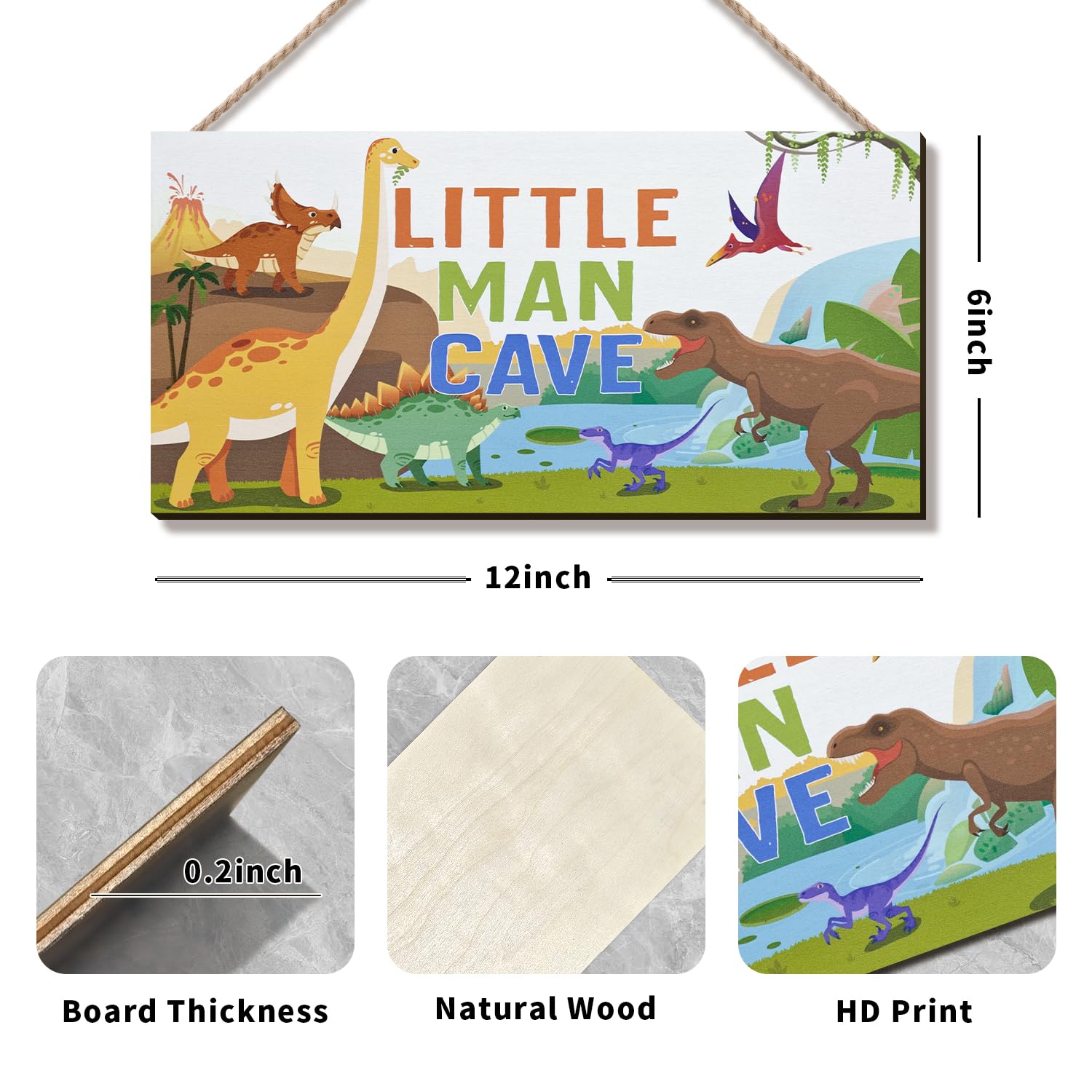 Condition photo showing New/Like New for ZIEYOMI- Little Man Cave Sign Boys Room Decor, Dinosaur Theme Bedroom Decor Hanging Wall Art, Wooden Plaque Decorations for Nursery Boys Kids Toddler Playroom Living Room