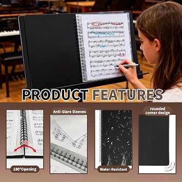 Binditek 1 Pack Sheet Music Folder, 40 Double-Sided Sleeves Display 80 Pages, 40-Pocket Binder Organizer for Letter Size, Sheet Music Holder with Metal Wire Binding Spine, Black