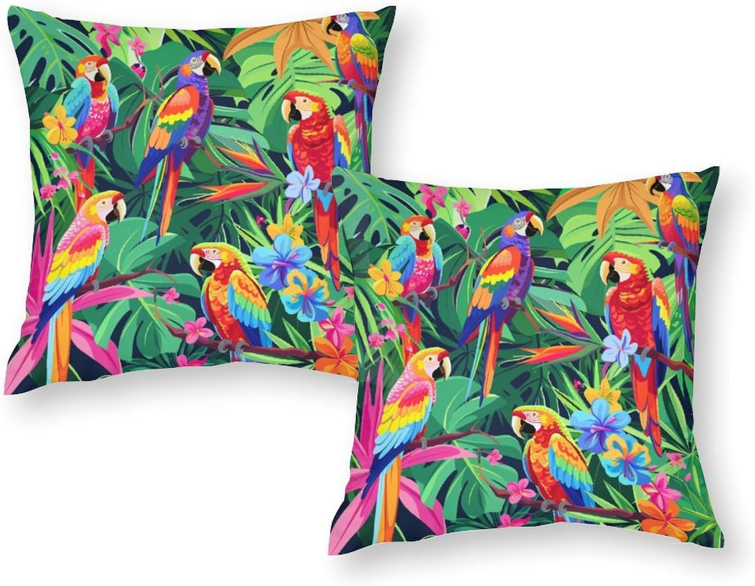 2 Packs Tropical Forest Parrot Throw Pillow Covers for Living Room, Colorful Bird Palm Tree Leaves Pillow Covers Cushion Case for Couch Sofa Bed, 20x20 inch