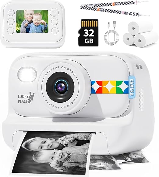 Kids Instant Print Camera, Christmas Birthday Gifts for Boys Girls,1080P Video 48MP Photos, Portable Toddler Travel Camera Toy for 4 5 6 7 8 9 10 Year Old Kids with 32GB Card White