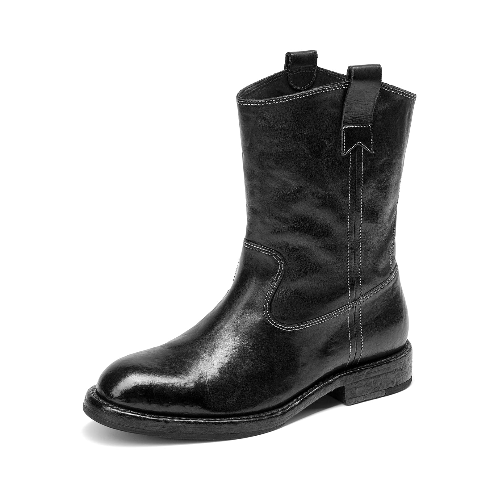 BEAU TODAY Cowboy Cowgirl Boots for Women Western Ankle Leather Boots Women Slouch Slip On Booties Wide Calf
