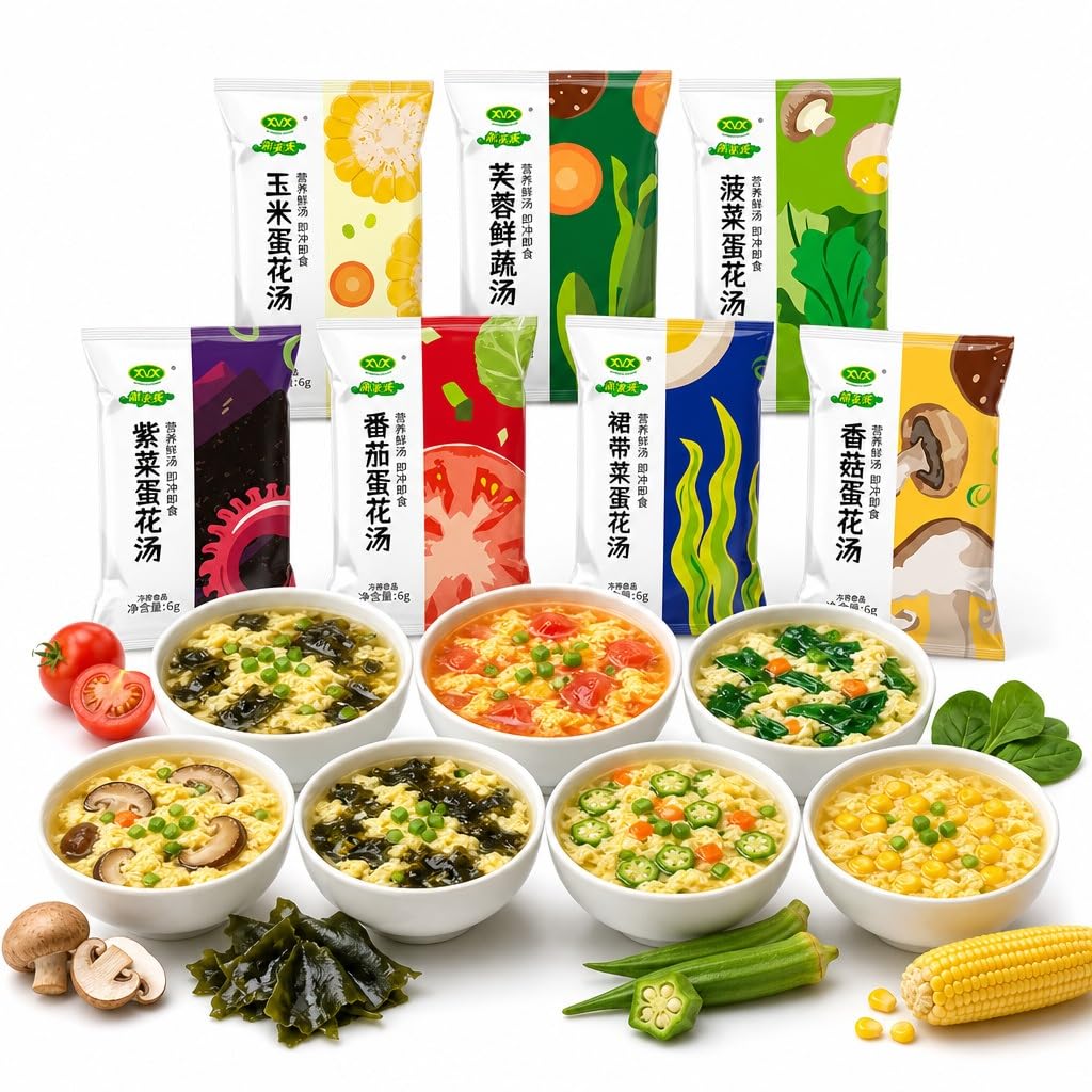 Mezcla De Sopa Instantánea 7 Sabores, 35 Paquetes Huevo Verduras Liofilizadas, Preparación Rápida 30 Segundos For Desayuno, Merienda Y Viajes