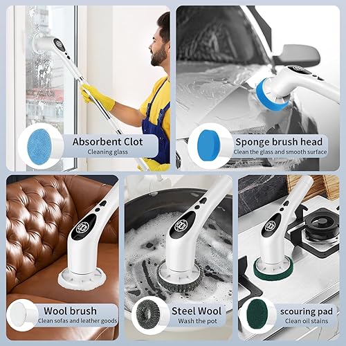 Miniatura 5 de CenGoes Cepillo de limpieza eléctrico giratorio inalámbrico Cepillo de limpieza de ducha con 9 cabezales de cepillo reemplazables Cepillo limpiador