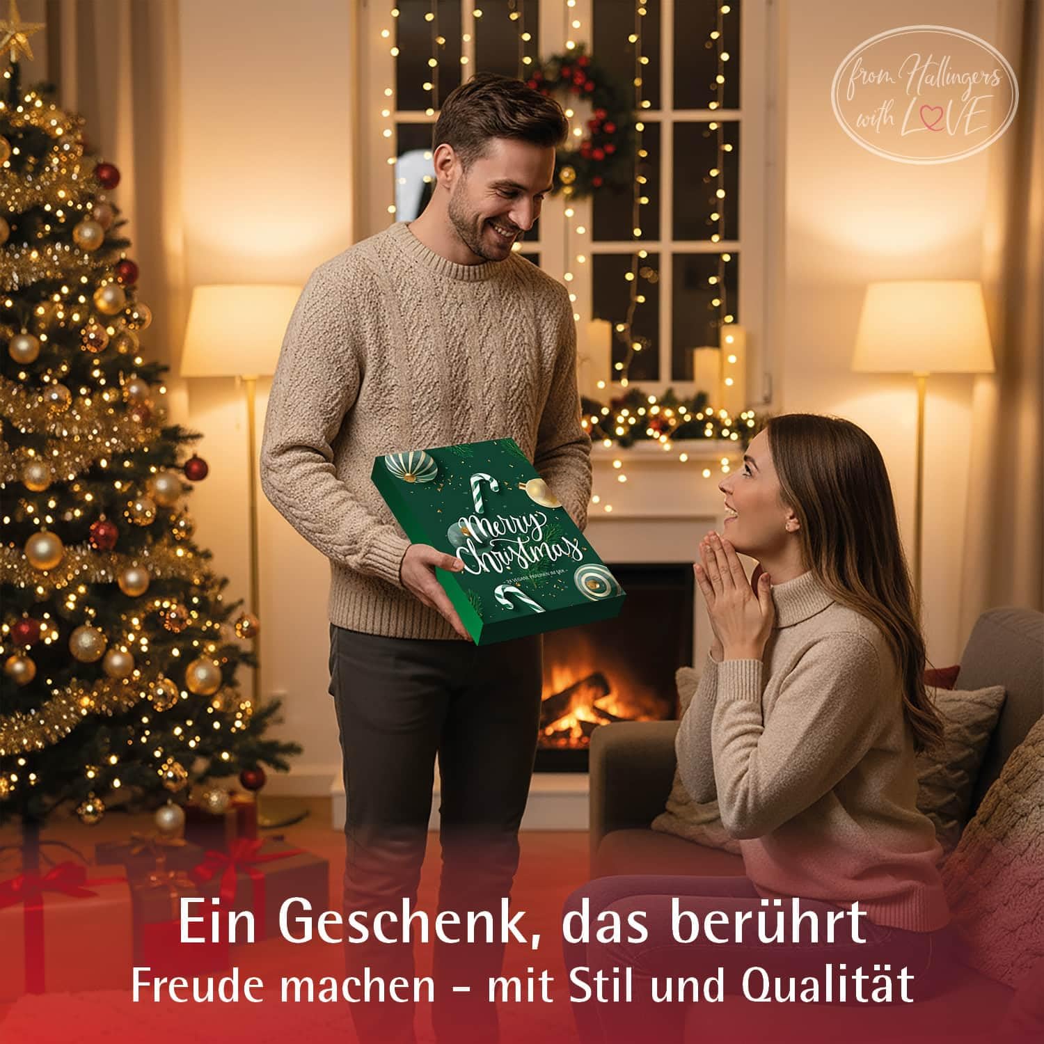 Hallingers Genuss Manufaktur Vegane Pralinen Adventskalender - mit & ohne Alkohol, handmade aus Confiserie-Edelkakao in wertigem Softfeel-Karton "Merry Christmas...", Weihnachtskalender für Frauen