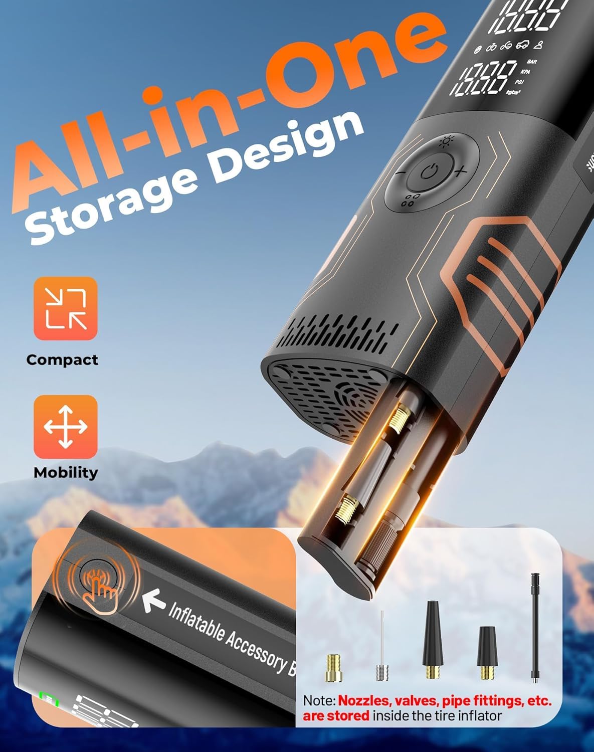 Tire Inflator Portable Air Compressor - Smart APP Air Pump for Car Tires, All-in-One Storage Portable Tire Pump for Car, 3X Speed & Automatic Stop Inflation, for Car, Motorcycle, Bicycle, Ball — view 2