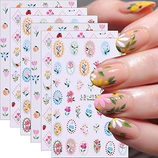 6Pcs Summer Flower Nail Stickers 3D Self Adhesive Fruit Nail Decals Cute Daisy Strawberry Tulip Blueberry Cherry Design Summer Nail Art Stickers Fruit Floral Nail Art Supplies for Women Manicure Decor