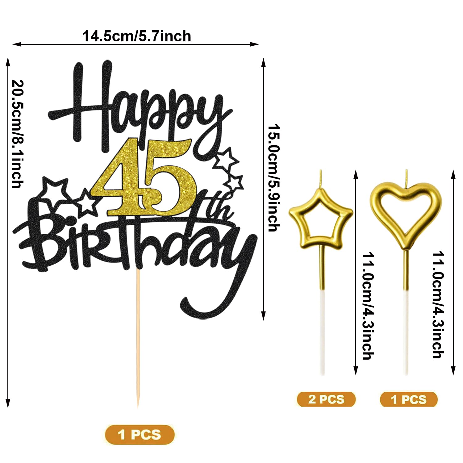 45th Birthday Cake Decoration, Heart Star 45th Birthday Candle Glitter Cake Topper for Birthday Anniversary Theme Party Cake Bunting Decor Supplies