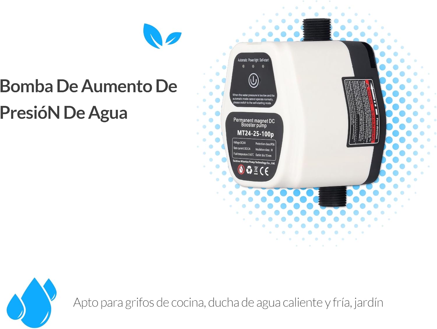 Water pressure booster pump, 100 W, 24 V, 25 l, IP56, automatic pressure booster pump with smart sensor for shower, silent water pump for kitchen tap, hot and cold water shower, garden