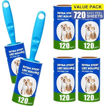 720 Sheets Lint Roller 6 Rolls with 2 Handles Extra Sticky Lint Roller Clothes Lint Roller Pet Hair for Clothes Hair Sofa Bed Cat Hair Dog Hair 120 Sheets/Rolls