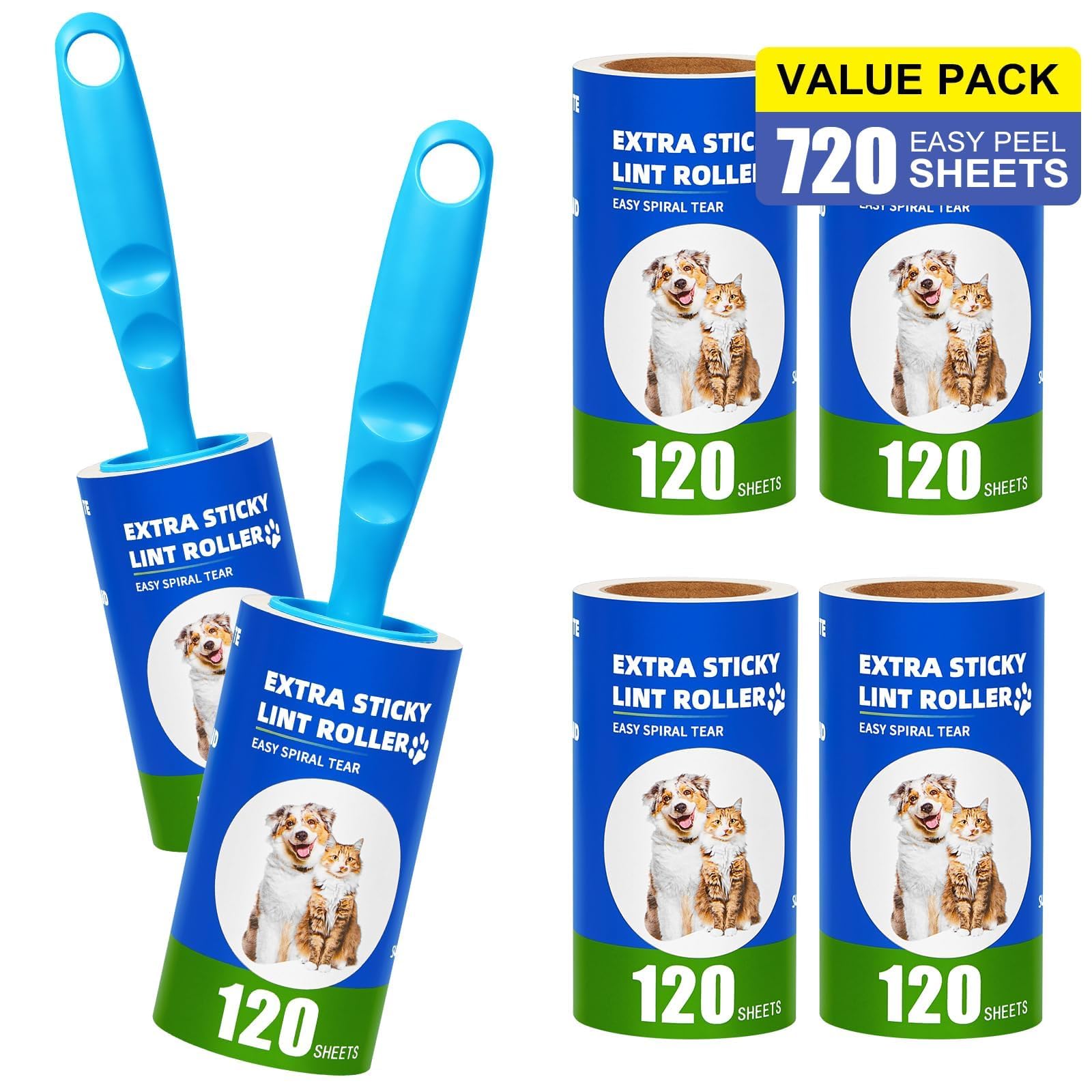 Omtofo 720 Fogli Spazzola Levapelucchi 6 Rotoli + 1 Manico, Rullo Adesivo Togli Peli Animali, Lint Roller, Rullo Levapelucchi per Vestiti, Capelli, Pelo di Cane, Pelo di Gatto, 120 Fogli/Rotoli