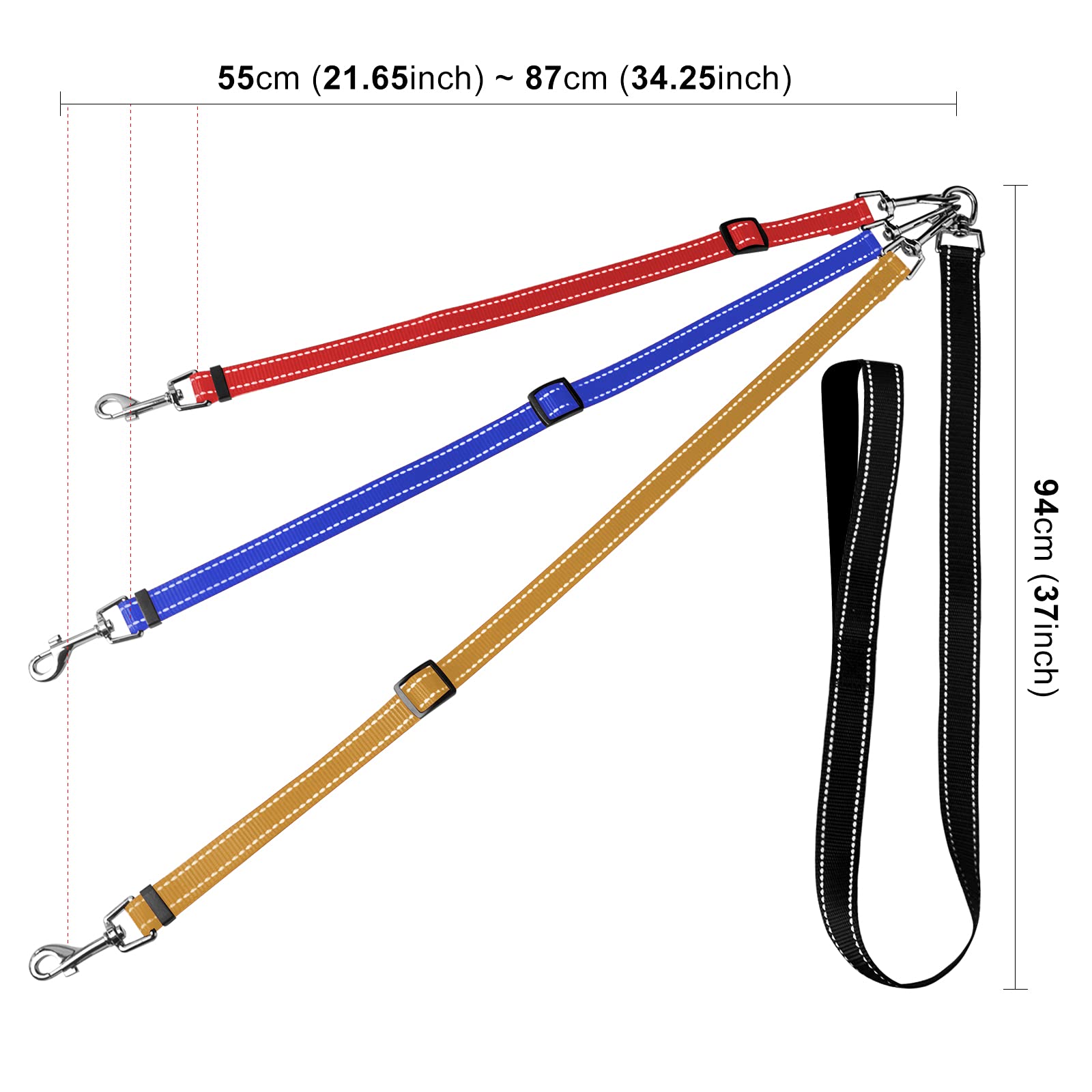 Correa de 3 Vías para Perro, Desmontable y Reflectante, Acolchada, Ajustable, Triple Acoplador, Cuerda de Tracción para Caminar Uno, Dos o Tres Perros