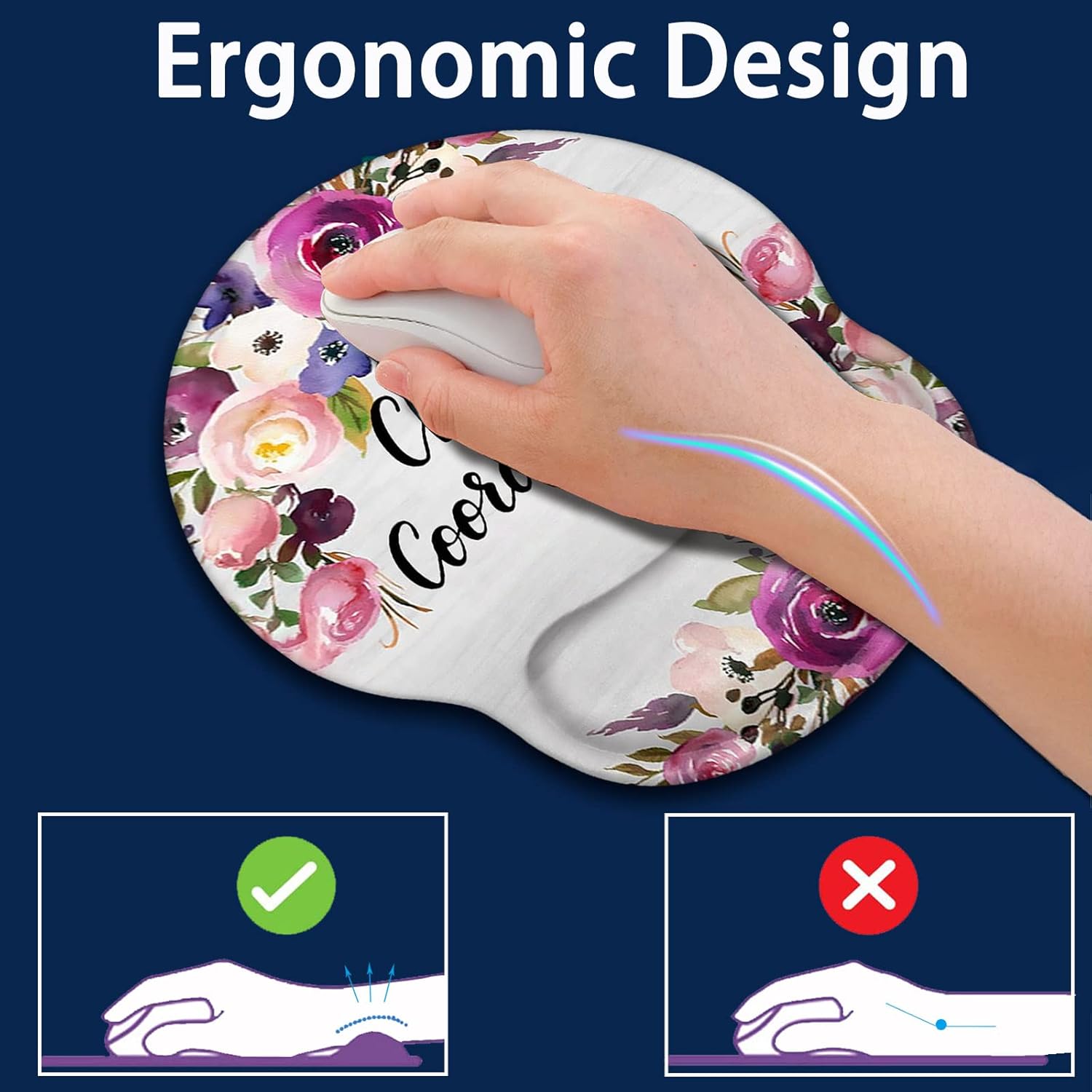 Ergonomic Mouse Pad with Wrist Support Gel, for Laptop Computer Keyboard Wireles Mousepad for Office & Home, Long Memory Foam Keyboard Wrist Rest, Chaos Coordinator Watercolor Flower White Mousepad
