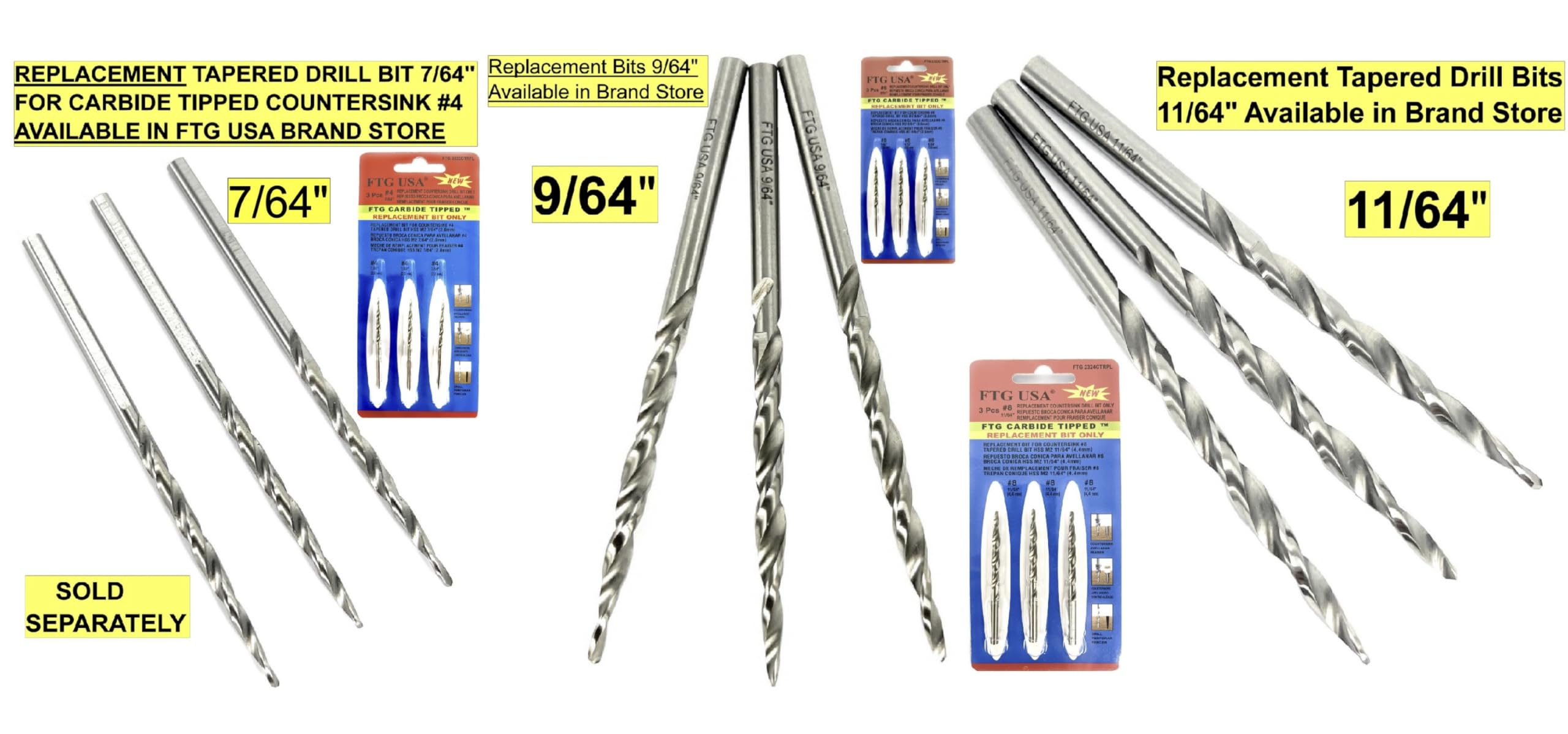 FTG USA Tapered Countersink Set - 3 Piece Wood Drill Bits -7