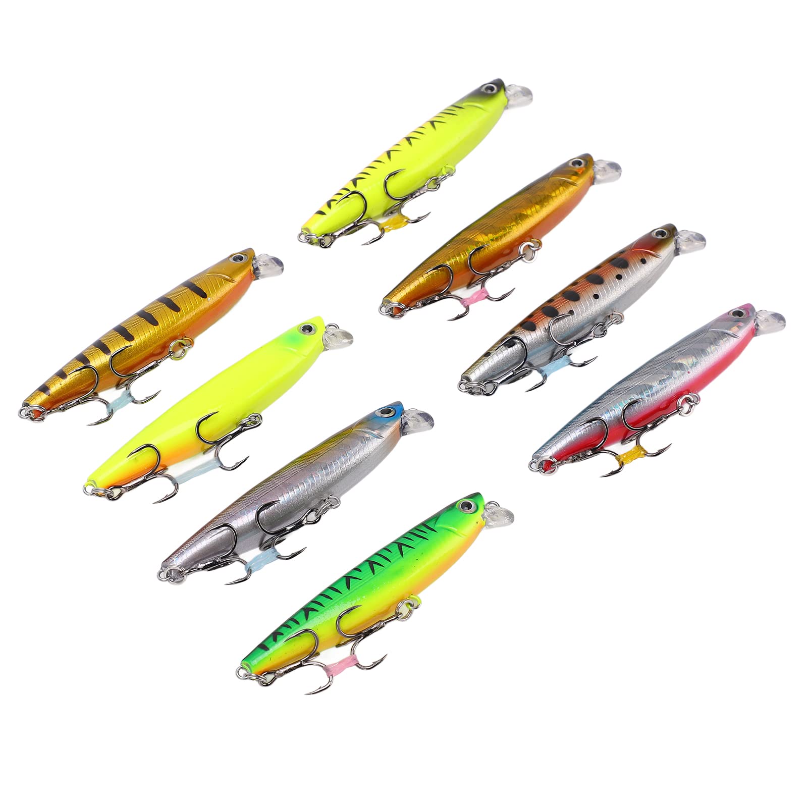 Lot de 8 leurres de pêche Minnow, appâts durs coulants VIB avec billes d'acier, hameçons pointus et yeux 3D, pour la pêche au bar, à la truite et à la perche. Longueur : 8 cm,