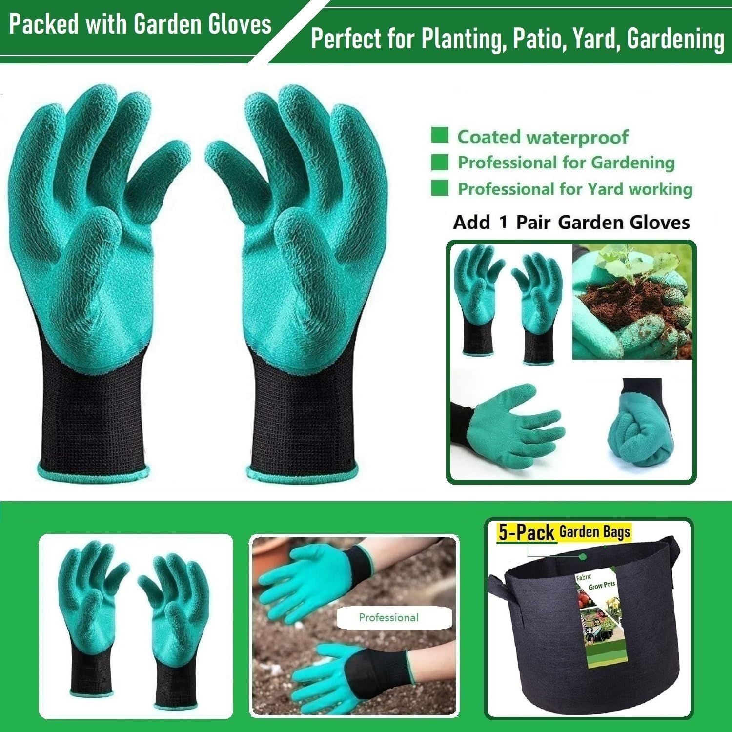 5-Pack 10 Gallon Thickened Plant Grow Bags (16x12 inch) Fabric Plant Pots for Tomato,Potato Planters,Herbs Veggies Planter Bag,Flower Pot,Garden Pot,Barrel Planter,Plant Container W/ Gardening Gloves