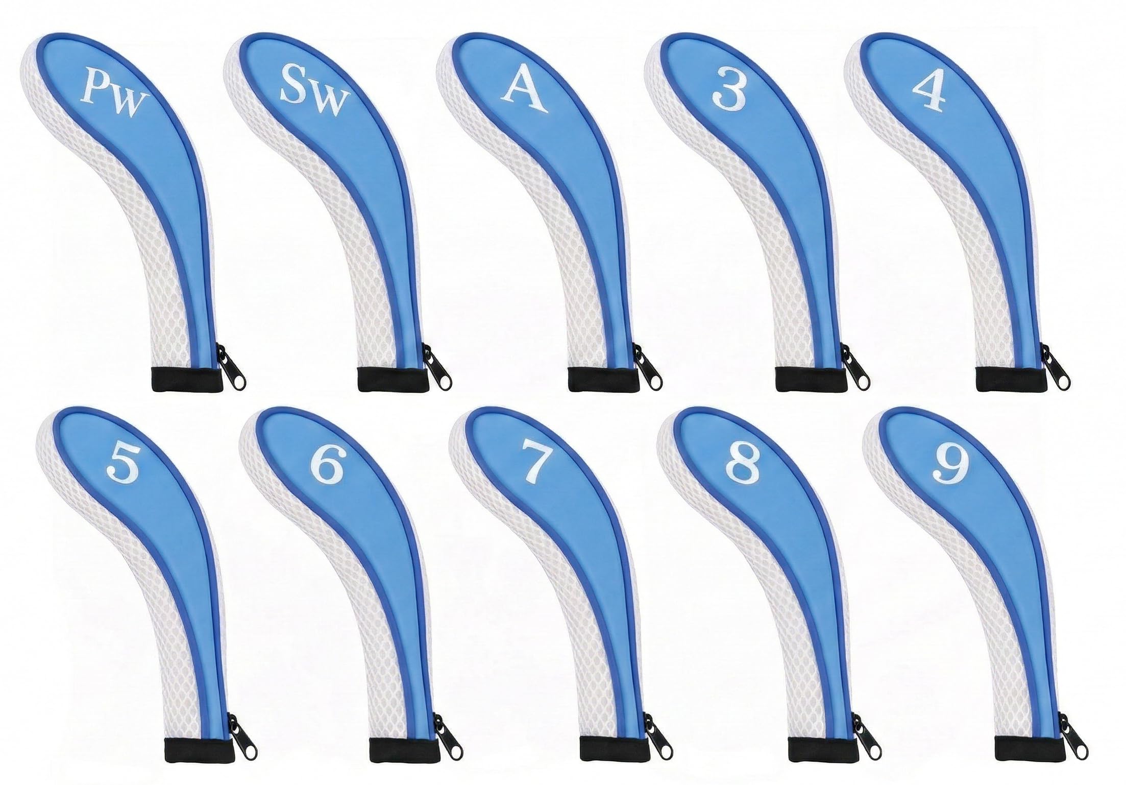 AKORD 10pc Golf Iron Headcovers Set - Blue & White Neoprene Protective Club Covers - Universal Fit for Standard Irons with Embroidered Numbers - Durable Padded Golf Club Organiser
