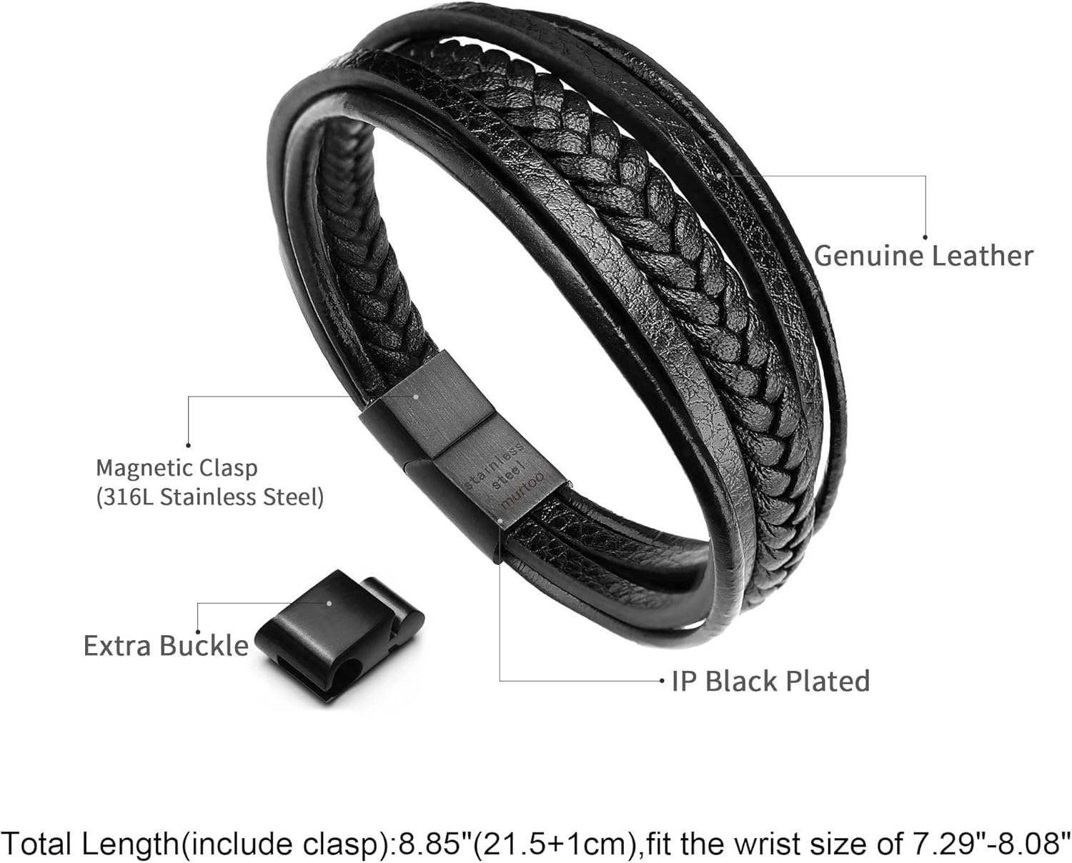 murtoo Mens Leather Bracelet with Clasp Cowhide Multi-Layer Braided Leather Mens Bracelet - Image 2