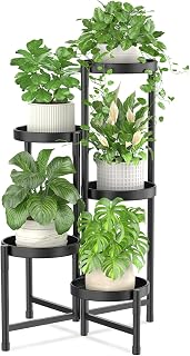 iDavosic.ly 5-Tier Folding Metal Plant Stand Indoor Outdoor - Corner Shelf for Orchids Patio Balcony Garden, Waterproof Rustproof Black