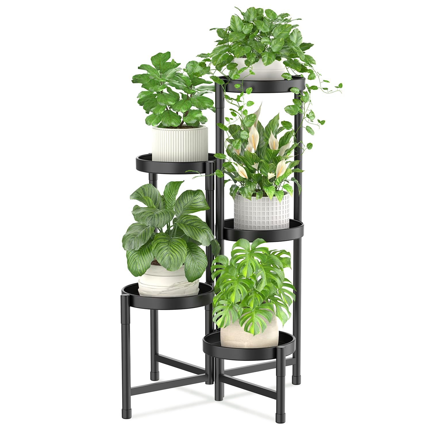 iDavosic.ly 5 Tier Metal Plant Stand for Indoor Outdoor, Corner Tiered Plant Shelf for Multiple Plants, Foldable Tall Flower Holder Display Rack for Living Room Garden Patio Balcony, Black