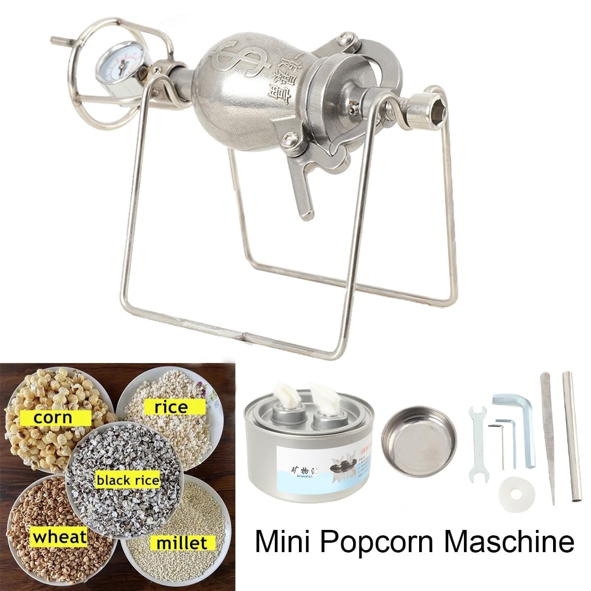 100ml Hochdruck-Popcornmaschine Mini-Edelstahl Professionelle Popcorn-Bräter, Handkurbel Gasheizung Langsamer Schub Mit Manometer Für Familienfeiern Studienpartyspaß