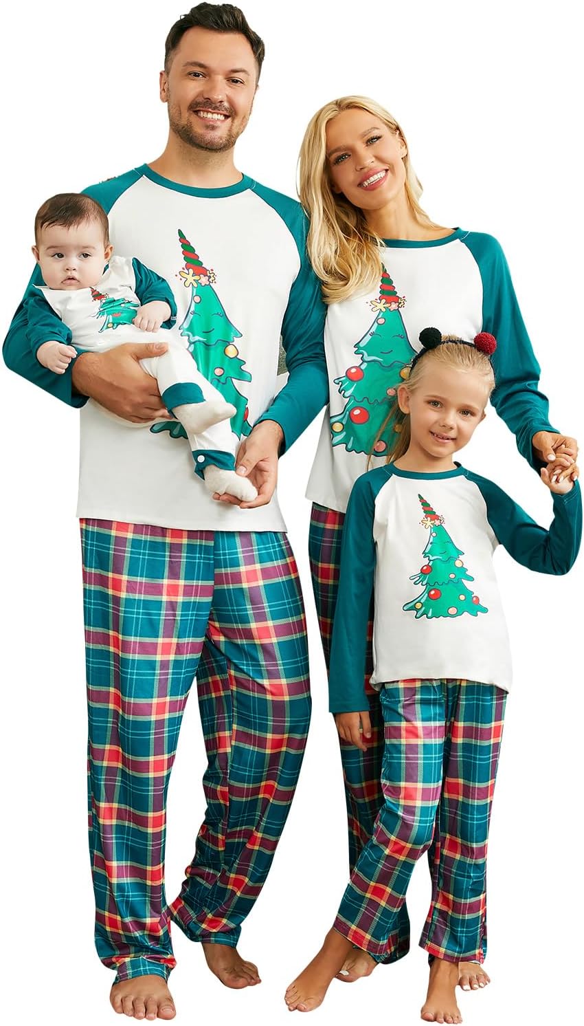 HonwenleFamily Christmas Pjs Matching Sets Christmas Pajamas Santa Printed Top and Plaid Pants Sleepwear for Family