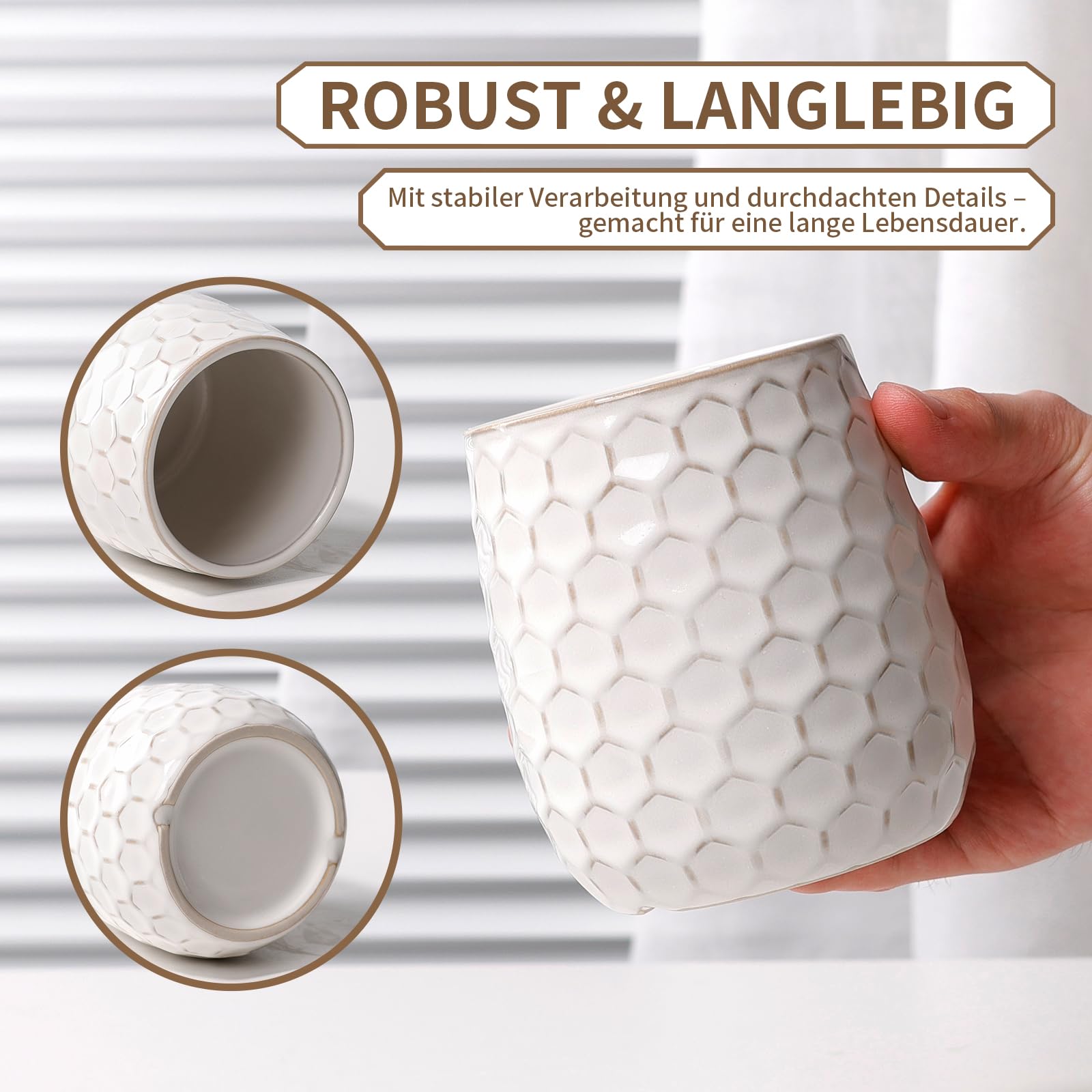 ANTIS'S HOME Zahnputzbecher Keramik 410ml – Badezimmerbecher & Mundspülbecher für Zahnpasta, Weiß Moderner Zahnbürstenbecher mit 3D-Wabenstruktur, dekoratives Badaccessoire (10 x 9,2 cm)