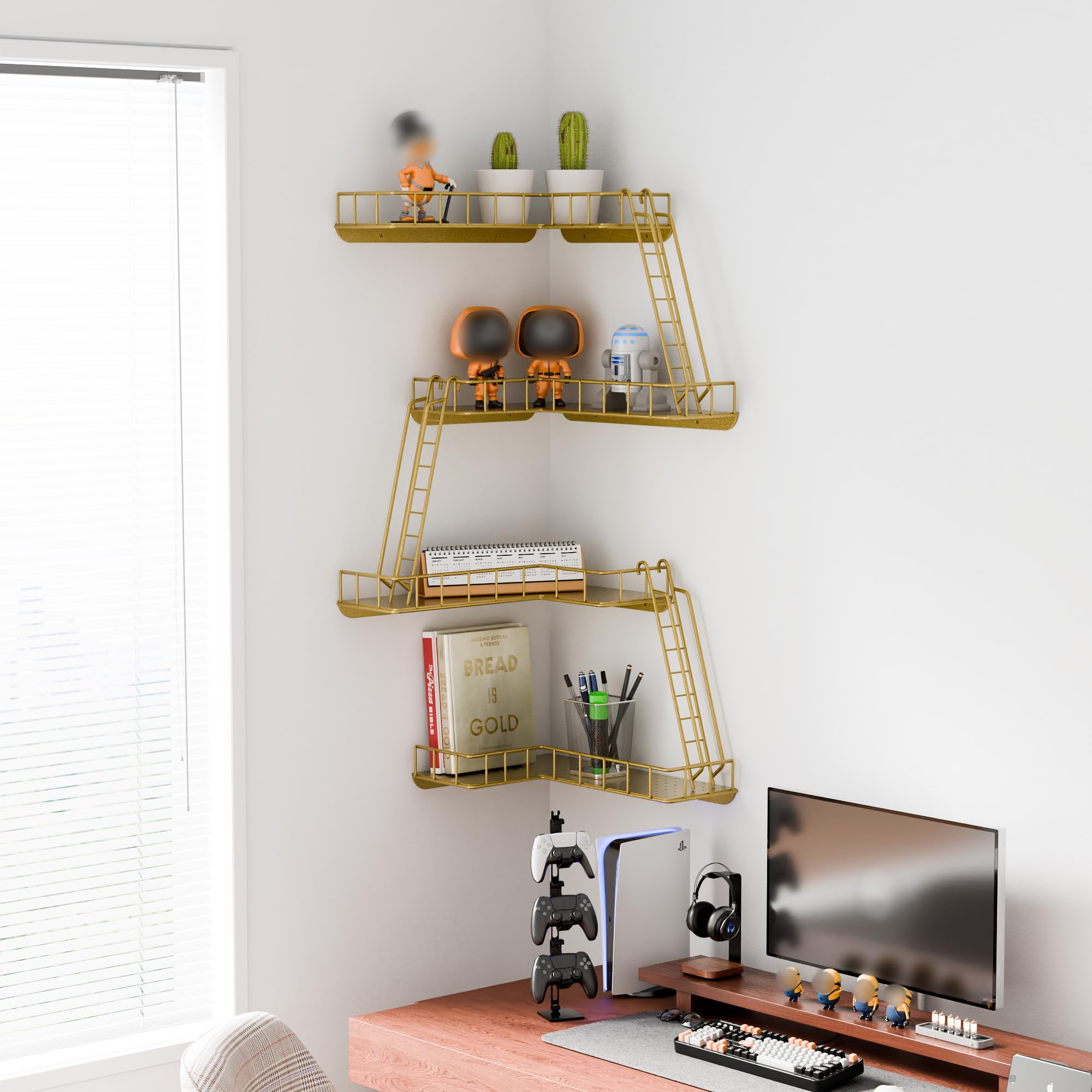 WOPITMER Fire Escape Wandplank - Moderne City Style 4-Tier Hoek Wandplanken, Eenvoudig te Installeren Metalen Ladderplank voor Figuren, New York Decoratieve Planken voor Badkamer, Woonkamer