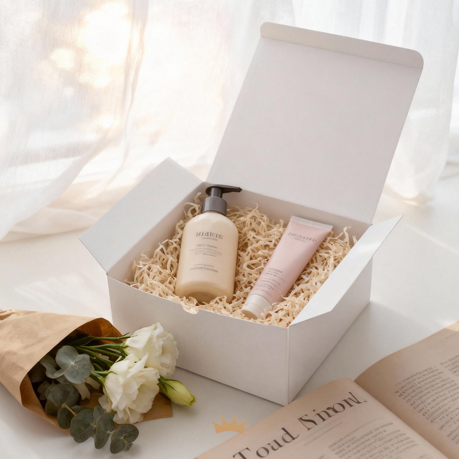 PACKQUEEN 10 Geschenkboxen 20.3x20.3x10.2 cm, Geschenkboxen mit Deckel, Boxen für Geschenke, Brautjungfer, Antragsboxen, weiße Geschenkboxen für leichte Geschenke, Basteln (glänzendes Weiß, Maserung)