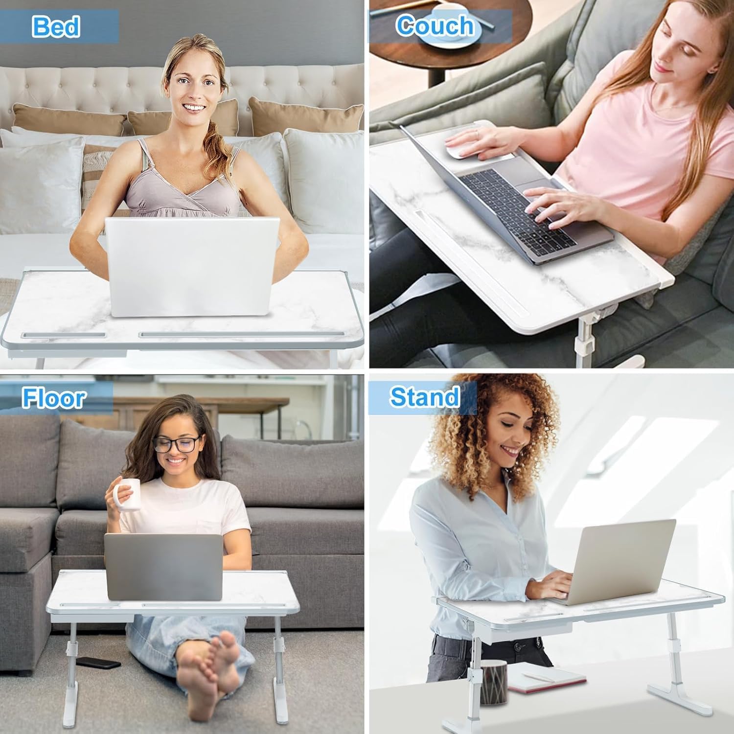 Bed Desk for Laptop - Adjustable X-Large Foldable Bed Table, Laptop Lap Desk with 2 Movable Stoppers and Drawer for Bed Couch Floor Writing Eating Working (Marble, 23.6 inch)