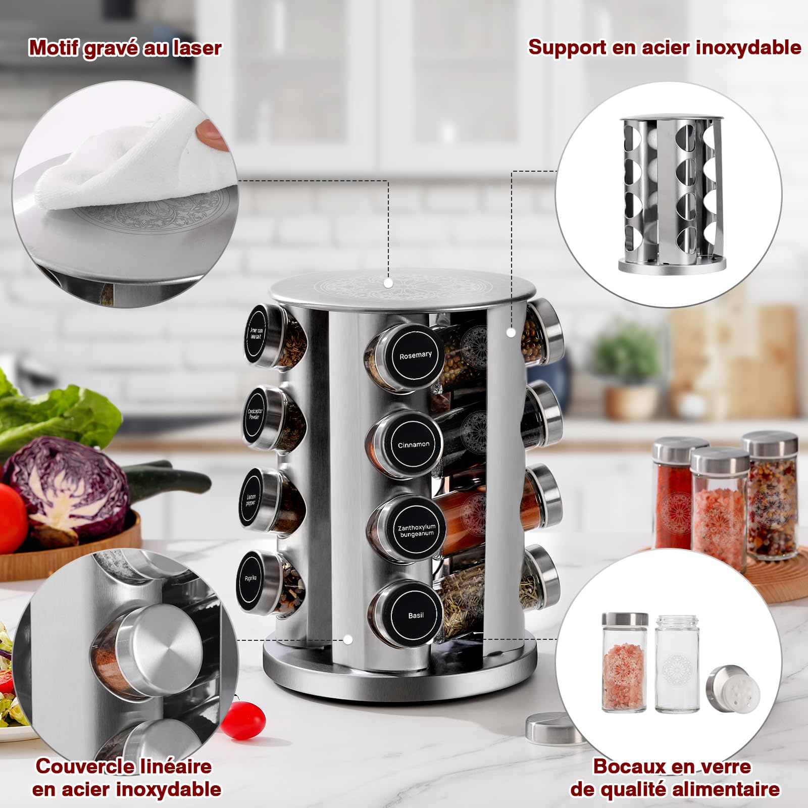 Carrousel à Épices en Acier Inoxydable avec Verres à Épices Ronds 20 * 100ml, Porte Épices Cuisine Rotatif, Étiquette en Français