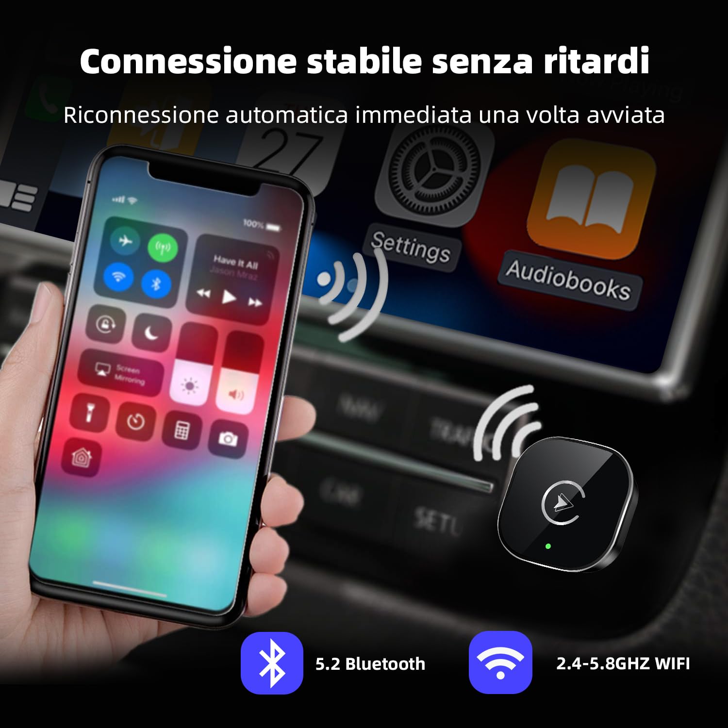 2026 Adattatore Wireless CarPlay, Design Mini USB per Auto con CarPlay Cablato, CarPlay Wireless Compatibile con iOS 10+ & iPhone 6+, USB/Tipo C, Plug & Play Connessione Bluetooth Stabile
