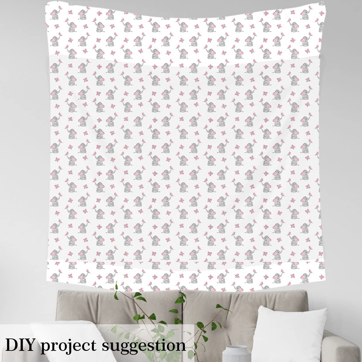 Cute Elephant Outdoor Fabric by The Yard,Cartoon Little Elephant Butterflies Upholstery Fabric for Chairs,Animal Print Decorative Fabric for Upholstery and DIY Projects,3 Yards,(L276*W150cm) Grey Pink - Image 4