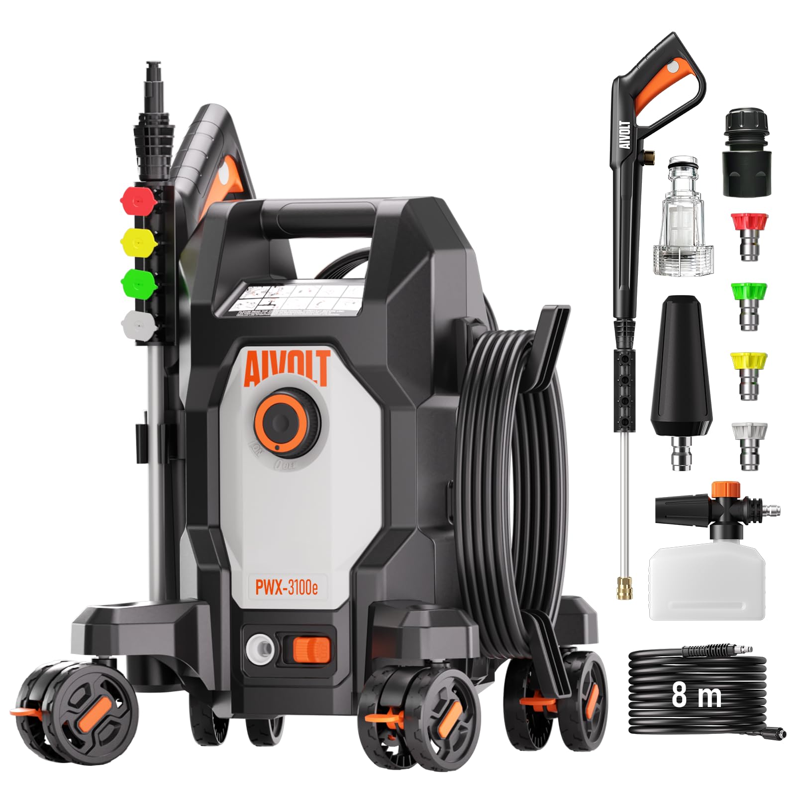 AIVOLT Hidrolimpiadora de Alta Presión 1800W, 170 Bares | con 5 Boquillas de Modos Diferentes y Manguera de 7,6 Metros, Caudal Máx 360 L/H, para Hogar, Suelo, Cristales y Coche ect.