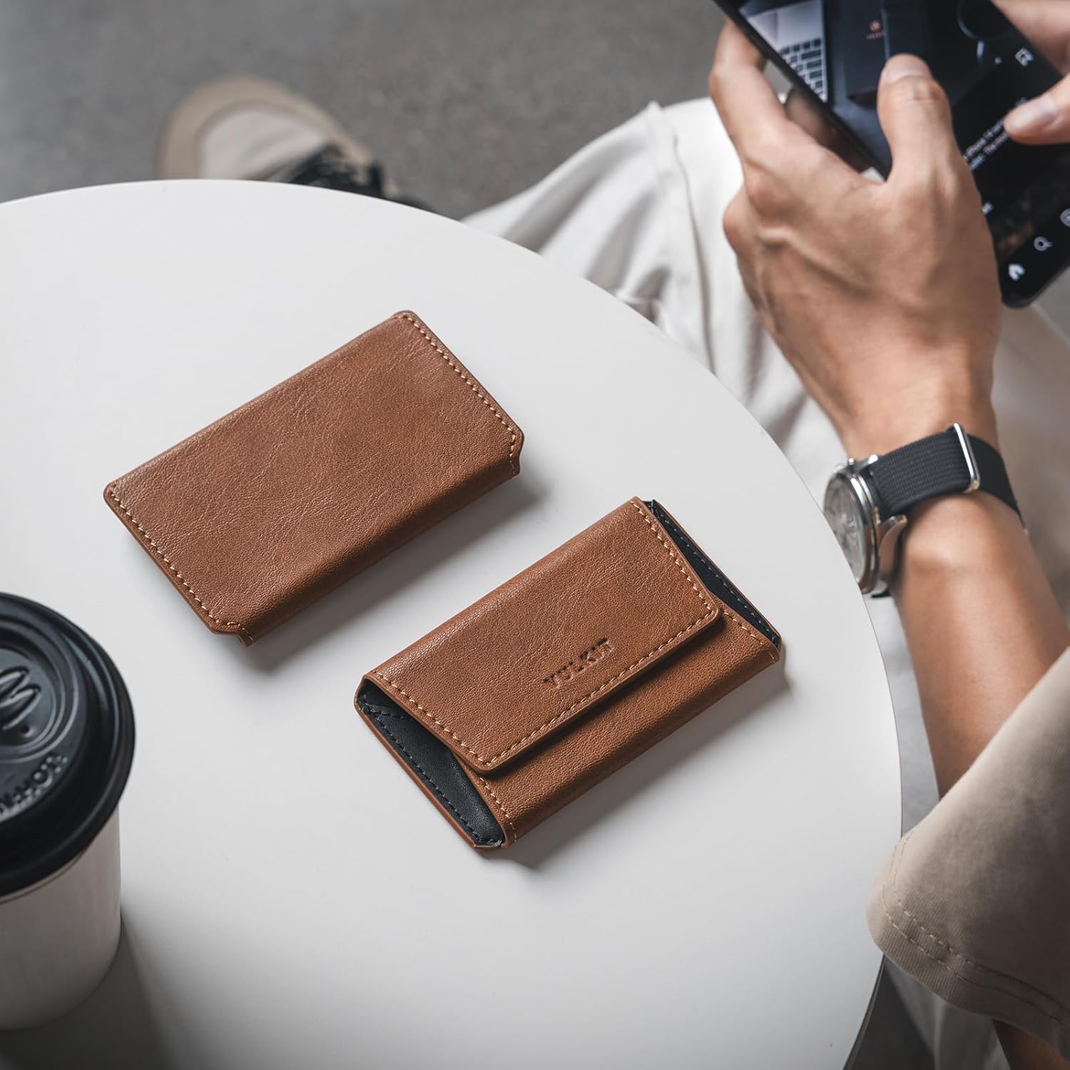 VULKIT Leather Business Card Holder Case for Men Slim Pocket Business Card Wallet Name Card Case Holder, Holds 20 Business Cards Brown - Image 2