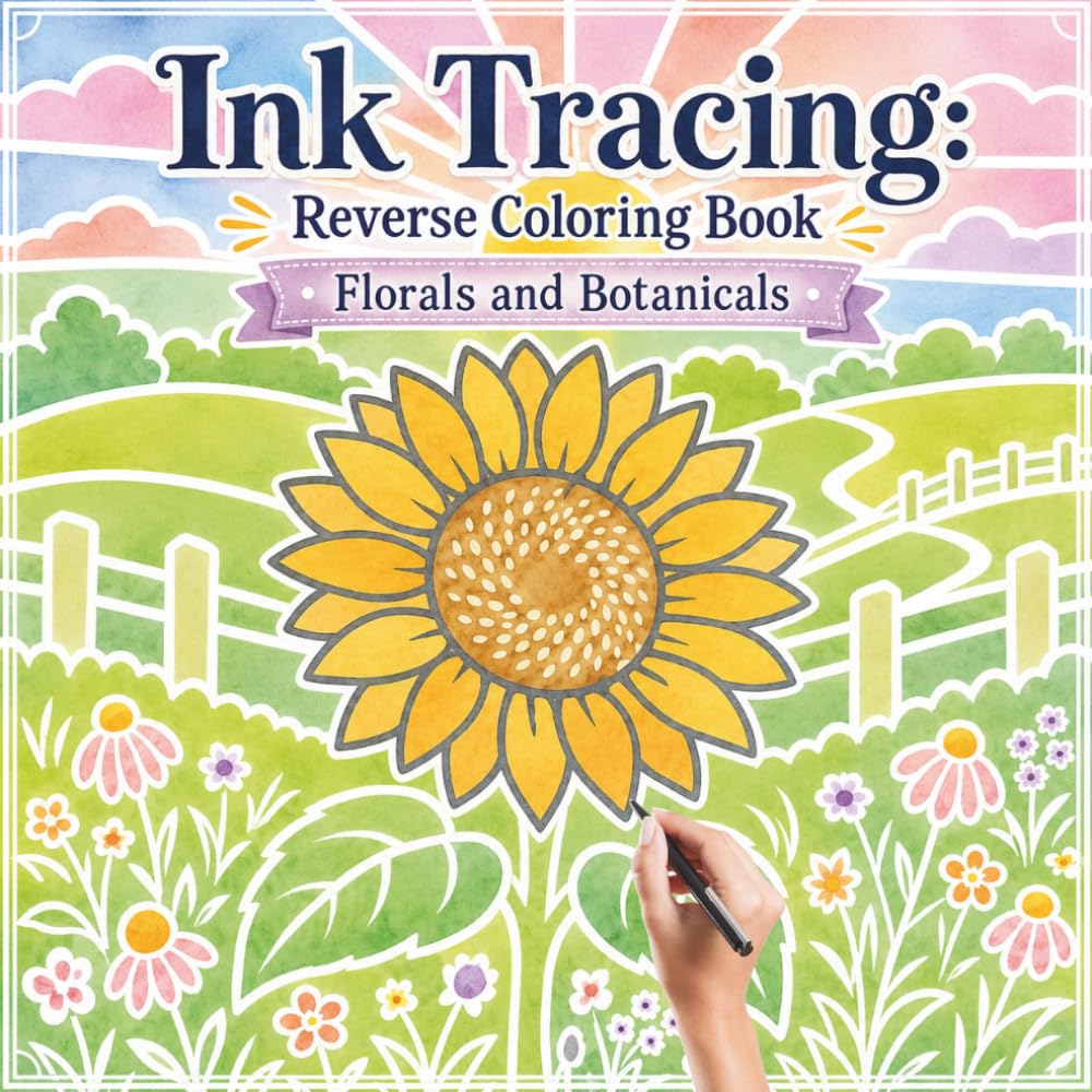 Ink Tracing Reverse Coloring Book: Florals and Botanicals: One Color for Stress Relief for Adults and Teens