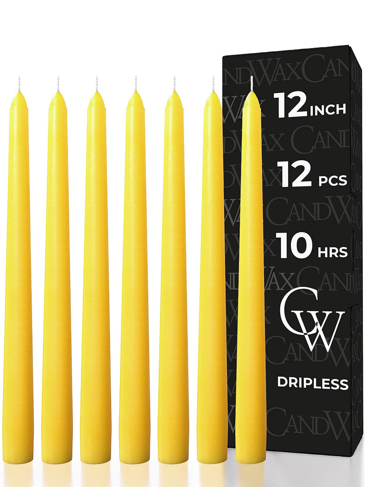 Candwax Yellow 12 Inch Taper Candles - Set Of 12 - Dripless And Smokeless - Unscented - Slow Burning
