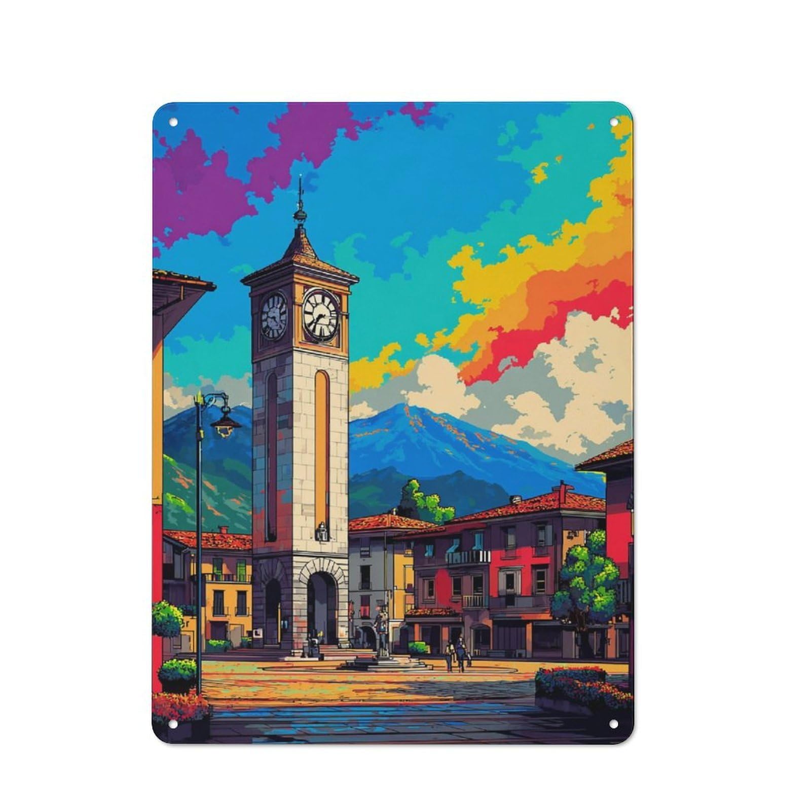 Junmoney Colorful Town Square With Clock Tower -1 Country Metal Sign With Design 40X30cm, Farmhouse Farmhouse Wall Decor For Kitchen, Cottage, Porch Or Garden Room