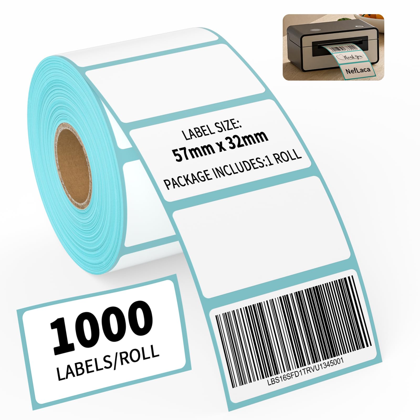 NefLaca 1 Roll 1000 Self Adhesive Label Sticker 57mm x 32mm Address Labels Blank Roll Rectangle Label Write On Note Mark Catering Food Jars Sticky Stickers for Office Kitchen Printer