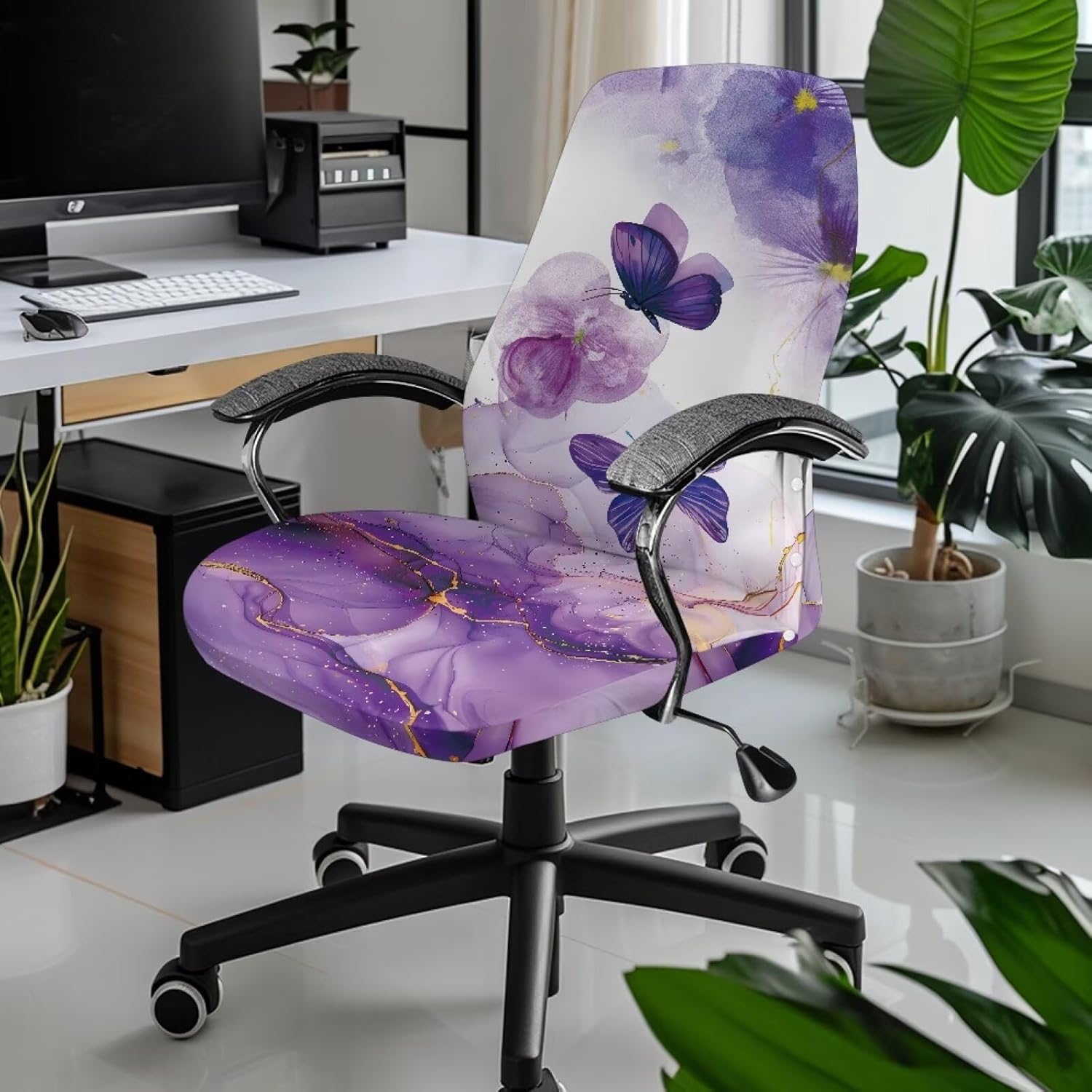 Purple Butterfly Computer Office Chair Cover Universal Rotating Chair Slipcovers Protector Removable Washable Office Chair Covers Nonslip Gamer Chair Protector Office Chair Accessories