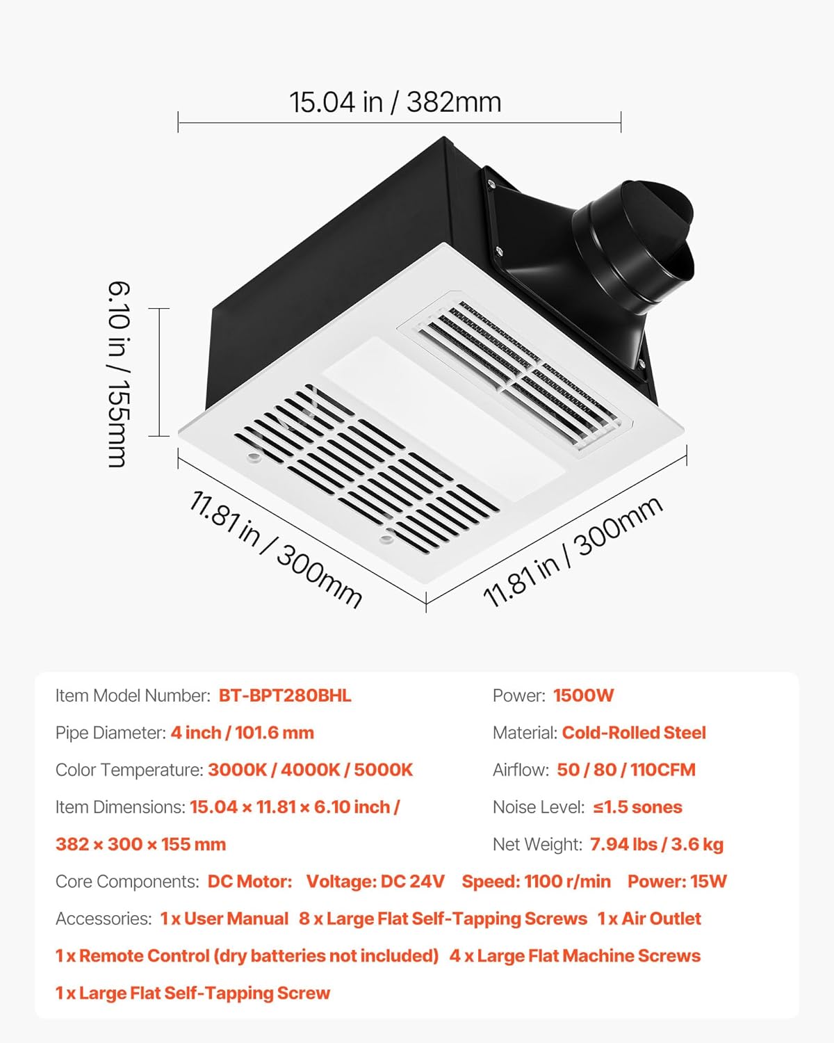 VEVOR Bathroom Exhaust Fan with Light and Heater, 80-90-110 CFM 1500W Bathroom Vent, 1.5 Sones Low-Noise, Premium DC Motor Ceiling Fan for Laundry Room, Storage Room, Home Ventilation, White