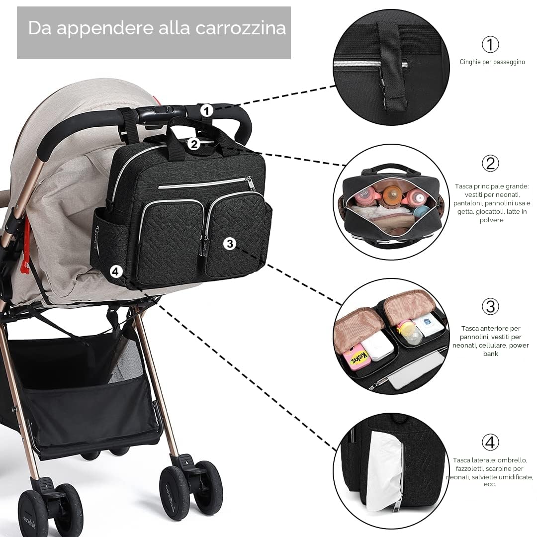 KONO Borsa Fasciatoio Passeggino Neonato Impermeabile con Tasche Isolate Leggera per Viaggi