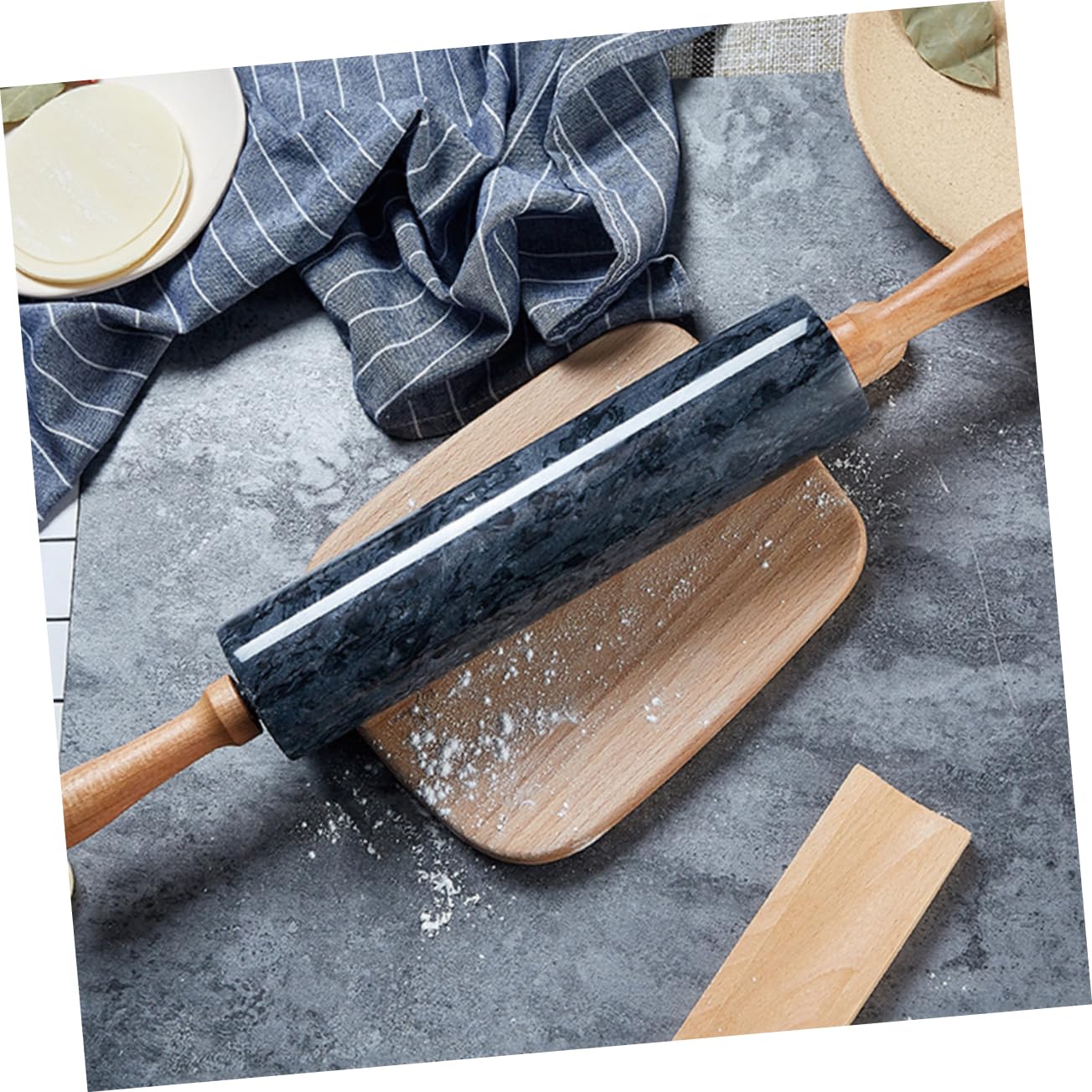 Zerodeko Rodillo de Mármol Natural con Mango de Madera para Pastelería Rodillo Antiadherente para Cocinas y Repostería