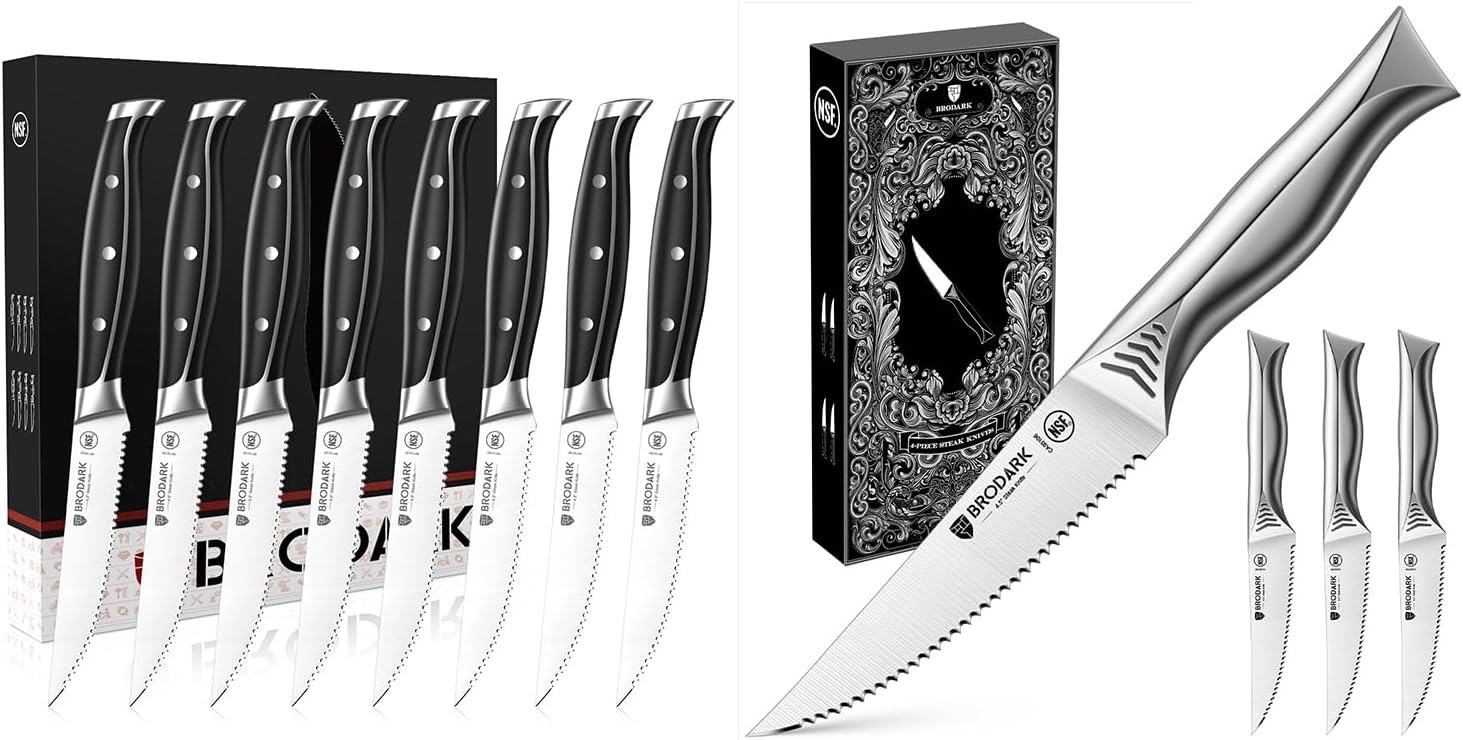 BRODARK Steak Knives Set of 8 + Steak Knives Set of 4 (Steel-King Series + Shark Series)