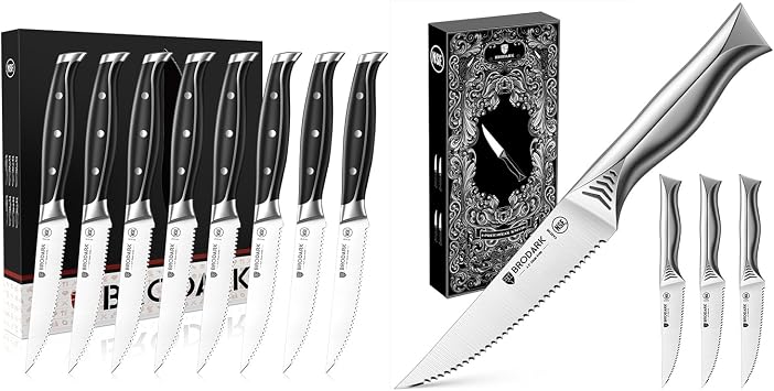 BRODARK Steak Knives Set of 8 + Steak Knives Set of 4 Steel-King Series + Shark Series