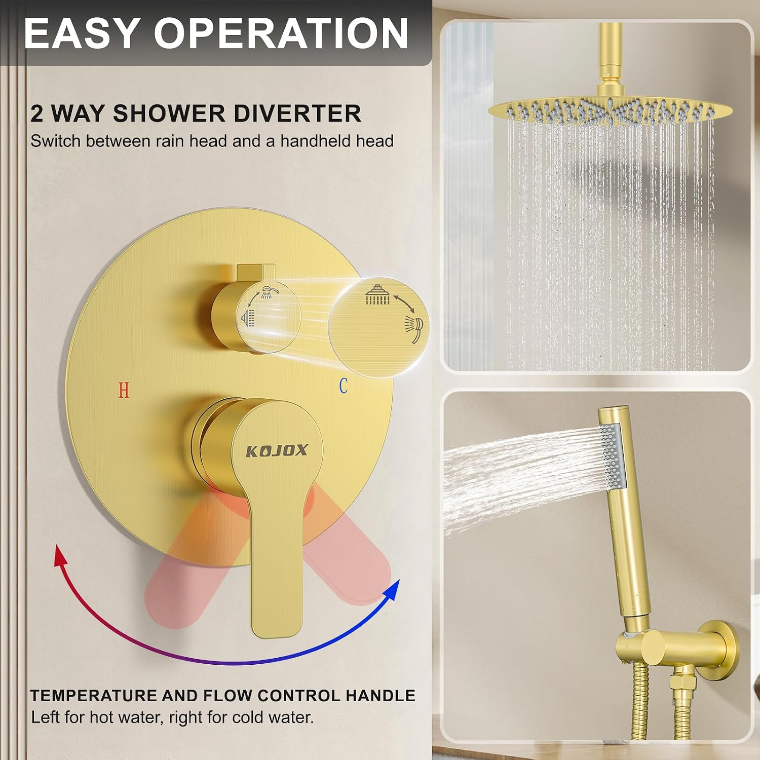 Kojox Shower System- Ceiling Shower Faucet Set with 12" Rain Shower head and Handheld Shower- Shower Combo Set with Valve, Brushed Gold