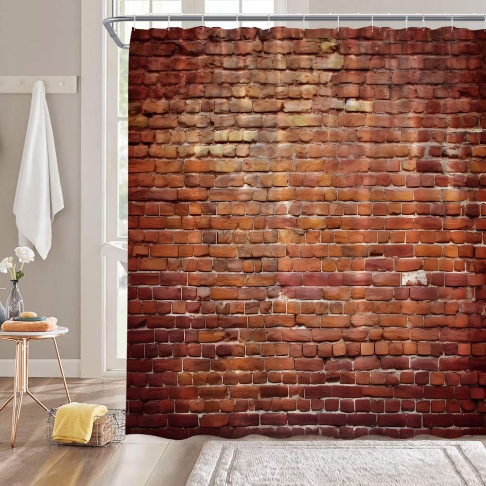 Sunhe Vintage Red Brown Brick Wall Shower Curtain Retro Stone Brick Rocks Rustic Country Farmhouse Geometric Wall Fabric Bathroom Decor Curtain with Hooks