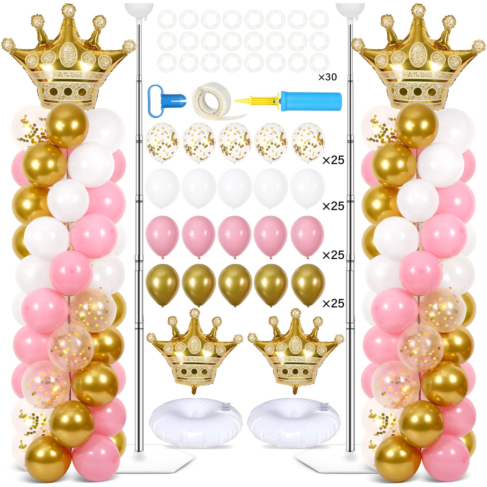 Photo 1 of 2 Sets Princess Party Balloon Column Stand Kit With 102 Crown Foil Balloons 5.57Ft Adjustable Balloon Tower Stand With Base Pink and Gold Arch Column for Girls Birthday Baby Shower Party Supplies