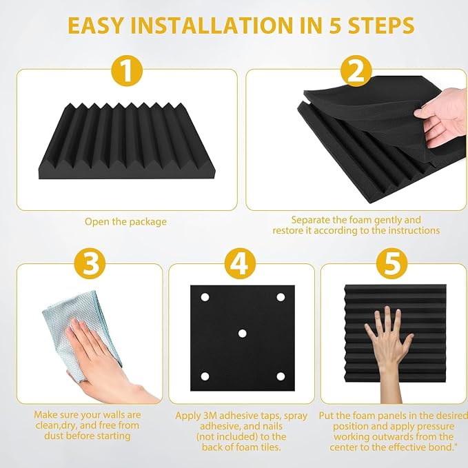 70 Pack Paneles Acústicos de Espuma, 1" x 12" x 12" Paneles de Espuma Ignífuga para Pared, Cancelación de Ruido, Absorción de Sonido Negro para Estudio, Oficina y Hogar miniatura 4