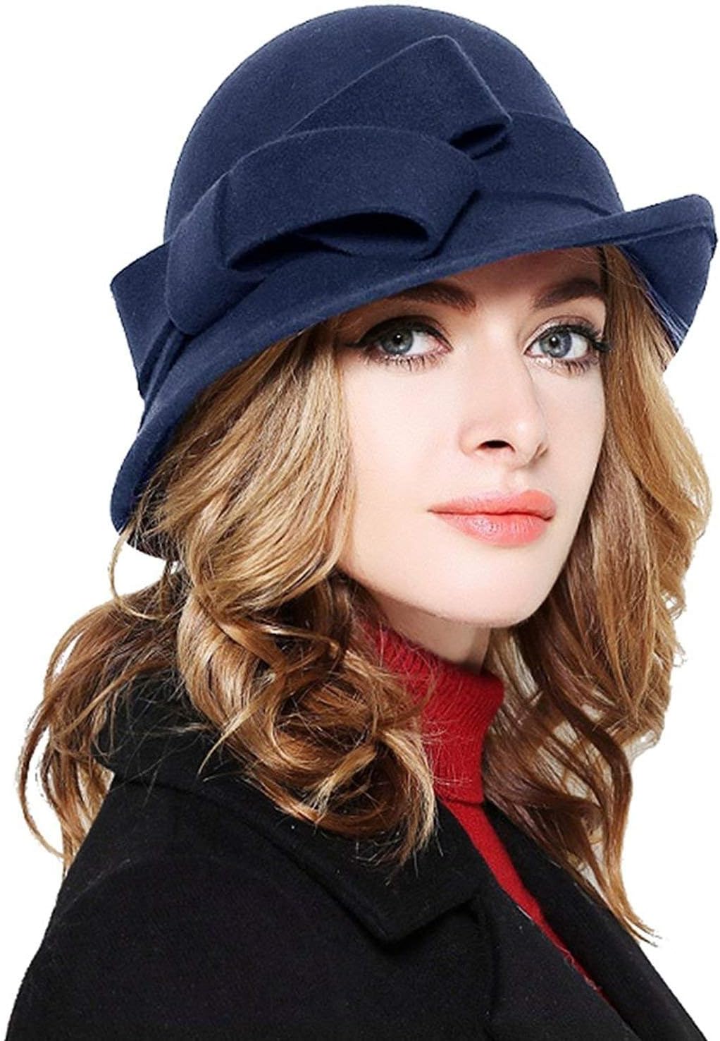 Bellady Women Solid Color Winter Hat 100% Wool Cloche Bucket with Bow Accent
